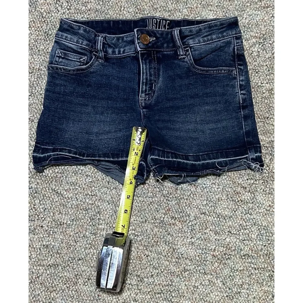 Justice Girls Denim Dark Blue Jean Shorts Size 12 Rolled Cuff Faded